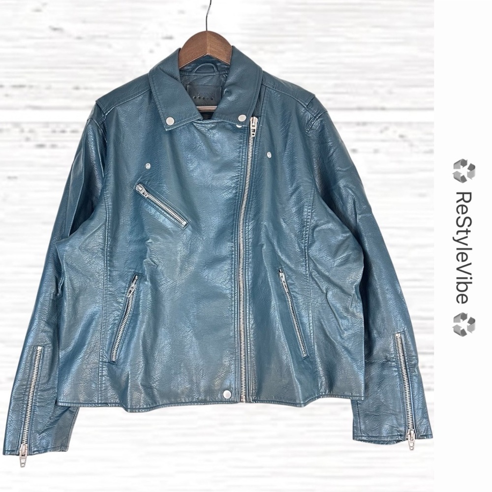 BLANK NYC Women’s Size 2X Jacket Coat Faux Vegan Leather Lined Green Zipper Moto